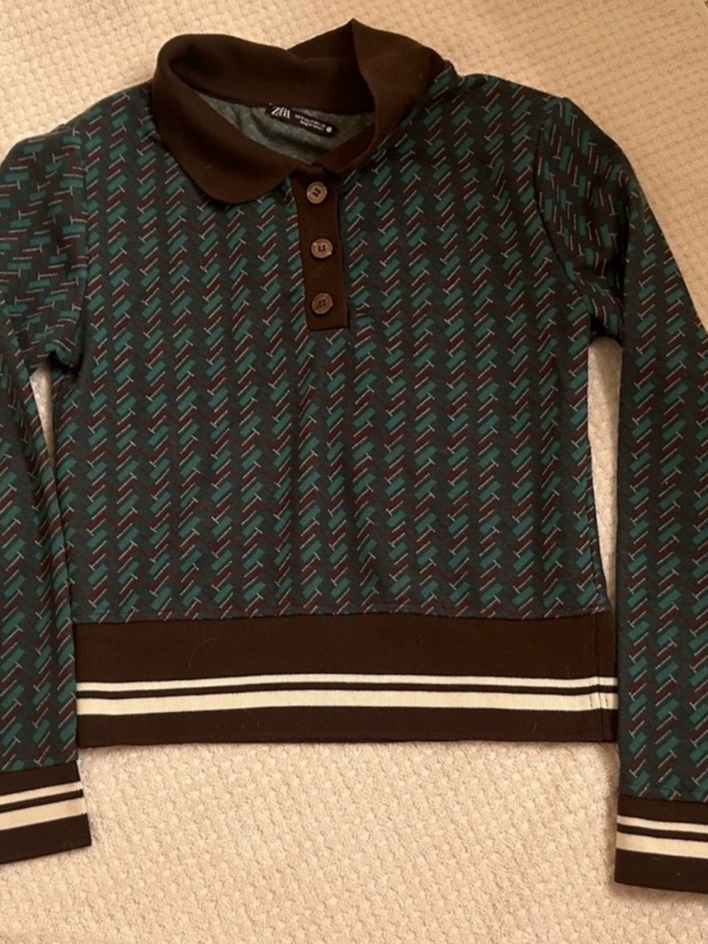Zara Teal & Brown Patterned Cropped Polo Sweater